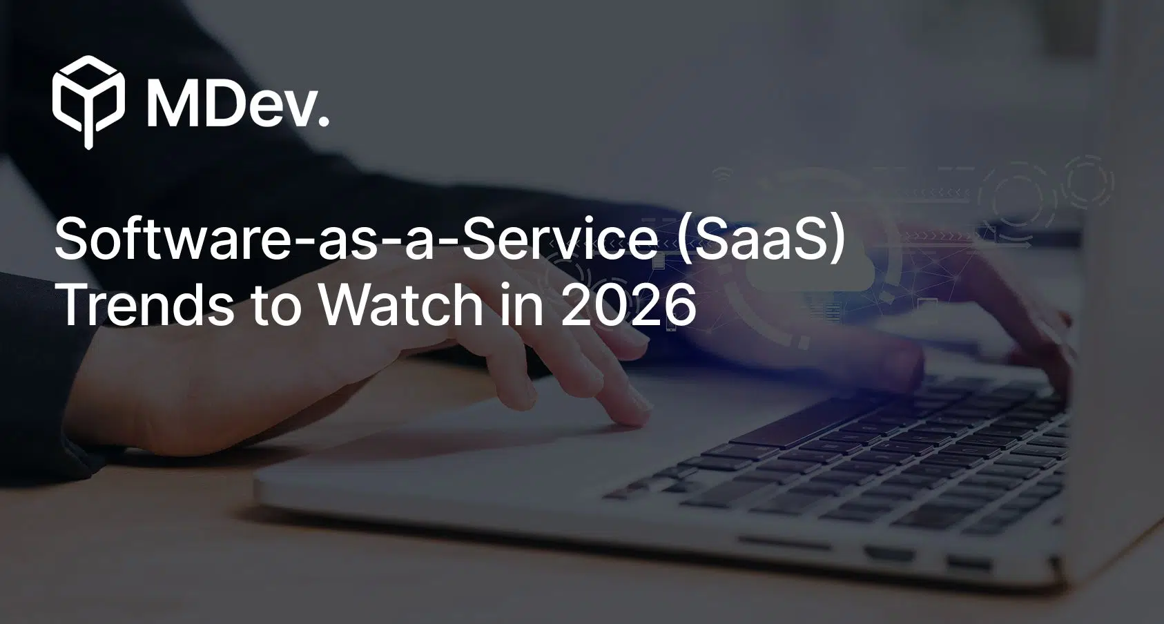 An illustration of the Software as a Service (SaaS) trend, showing a cloud icon and cloud-based system integration visualization for business efficiency.