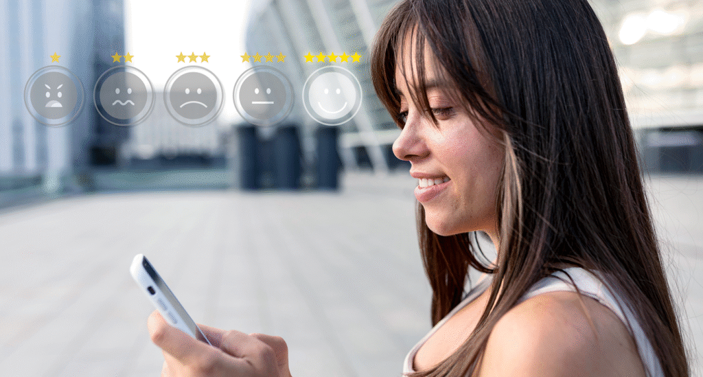Close-up of a woman smiling while selecting a star rating on a digital holographic overlay, symbolizing the importance of user trust and experience in modern SaaS platforms.